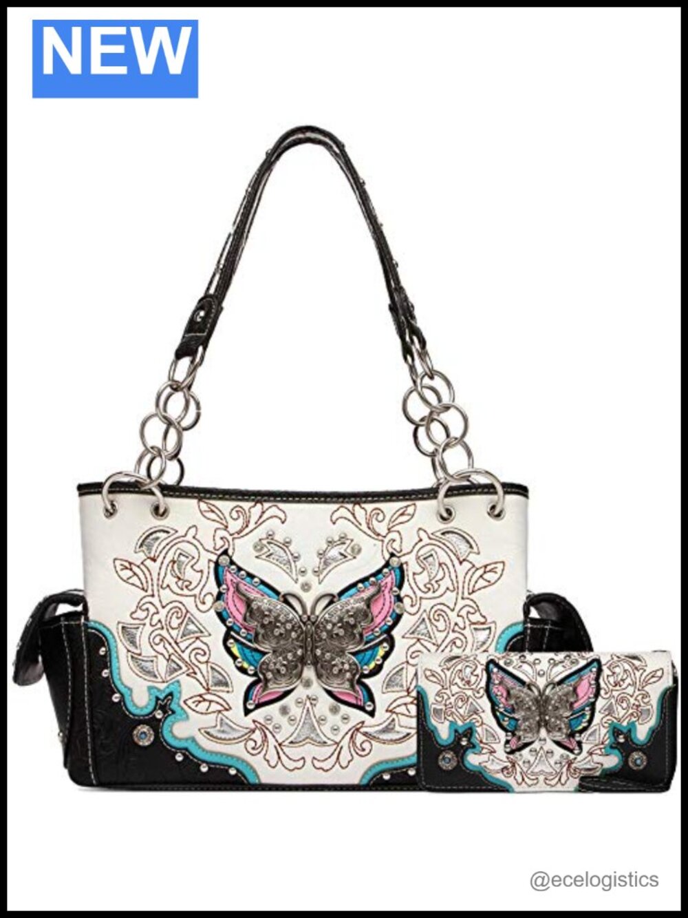 Western Style Butterfly Flower Purse Handbag with Rhinestone Studs and Wallet